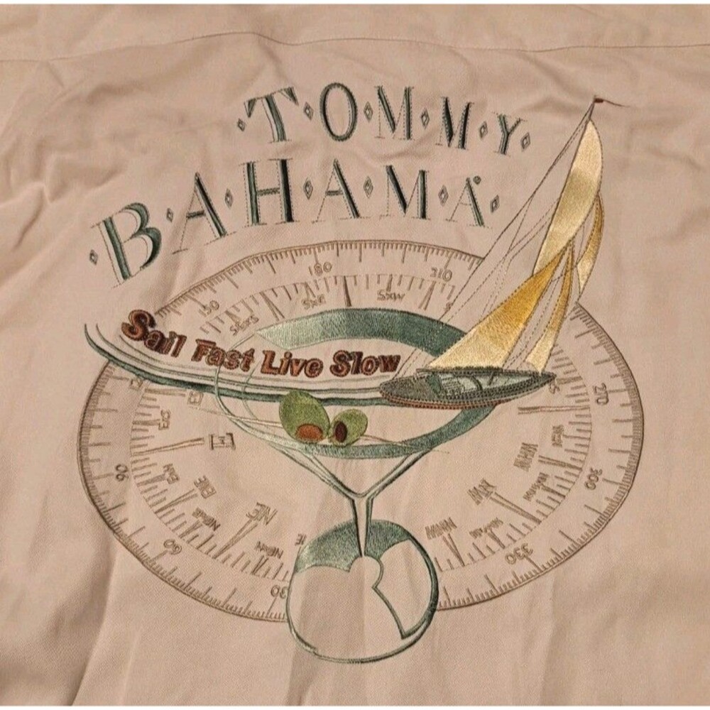 Tommy Bahama Men’s Large Cream Silk Shirt Embroidered Sail Fast Live Slow Button